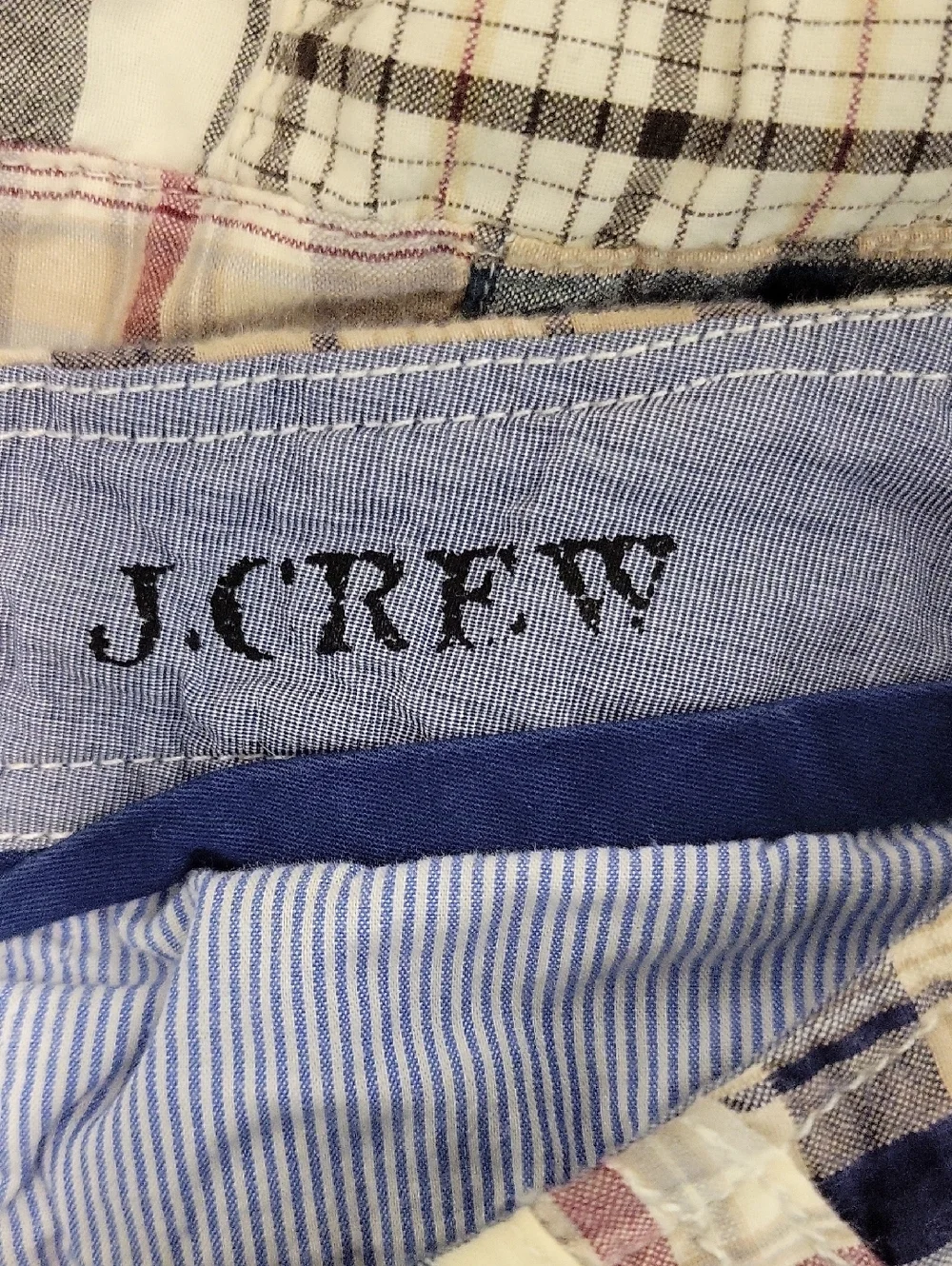 J. Crew Men's Patchwork Madras Plaid Field Shorts Beige Blue Black Sz 34 Preppy